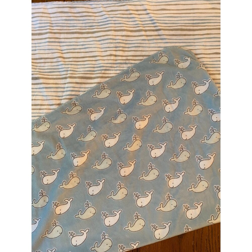 Blue & White Whale & Stripe Baby Blanket 100% Polyester Soft & Lightweight 30" X